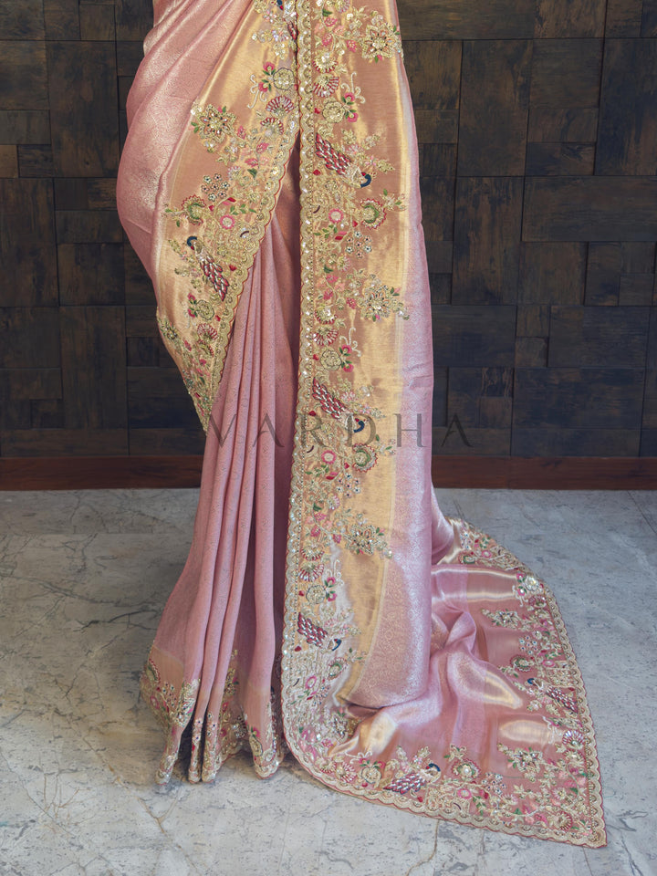 Pink Kanjivaram Tissue Silk Saree with Zari Weaving &amp; Hand Work