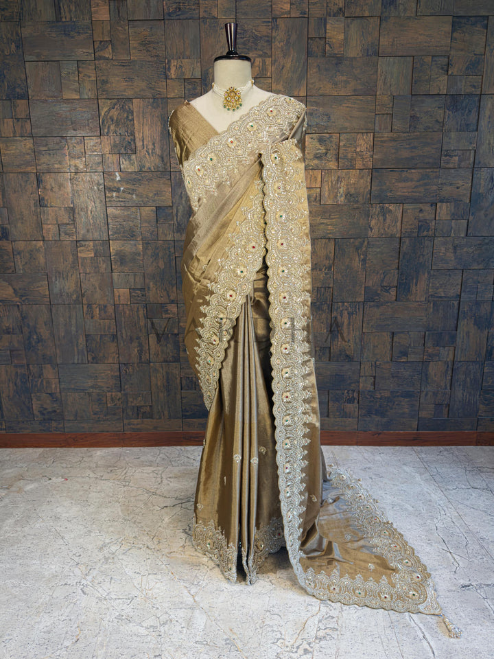 Gold Kanjivaram Tissue Silk Saree with Zari Weaving &amp; Hand Zardozi Work