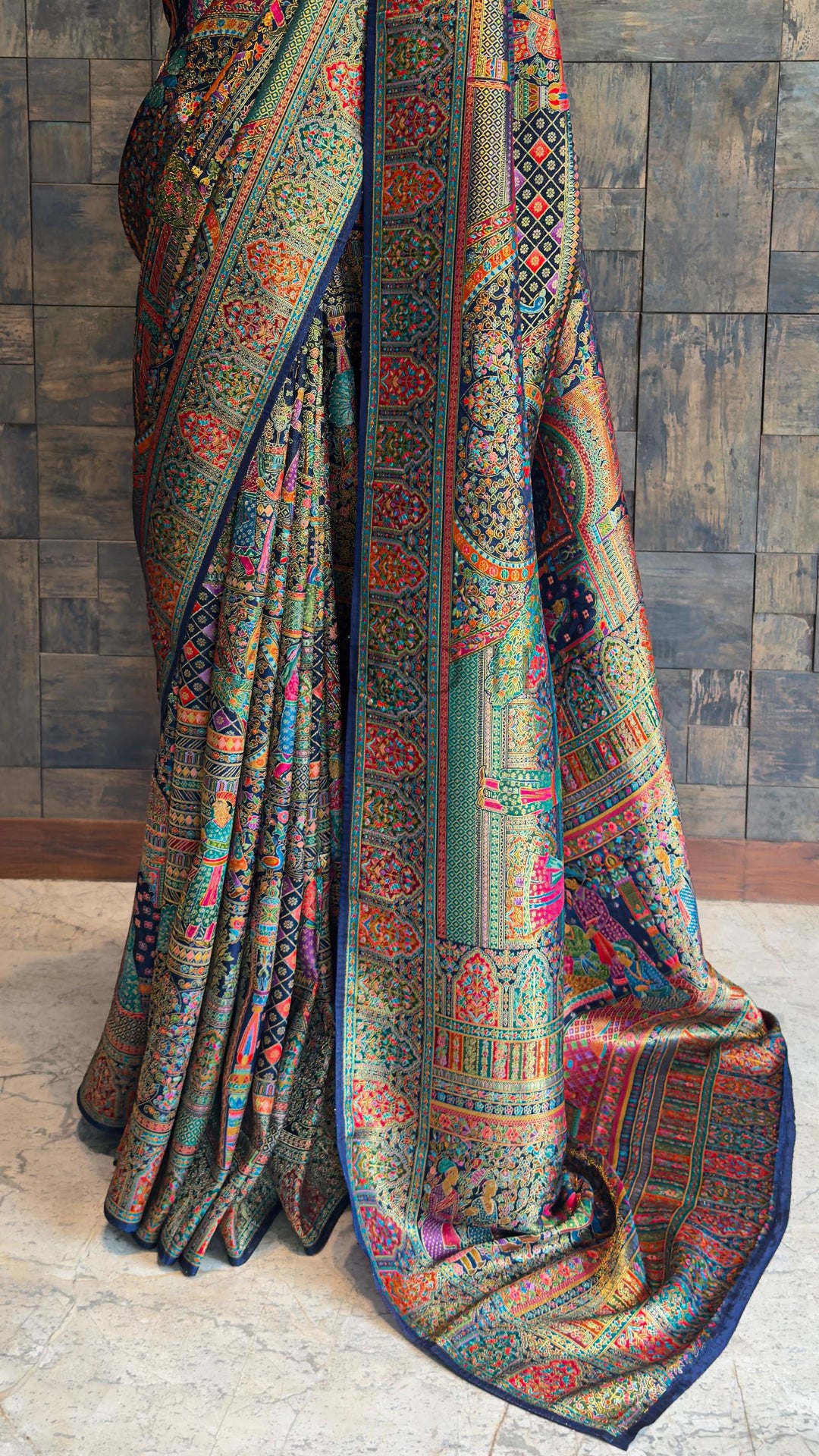 Navy Blue Banarasi Katan Silk Saree | Darbari Style with Traditional Kalamkari Zari Work
