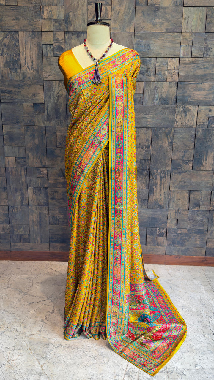 Mustard Yellow Viscose Katan Silk Saree with Zari Floral Buttis Mustard Satin Blouse