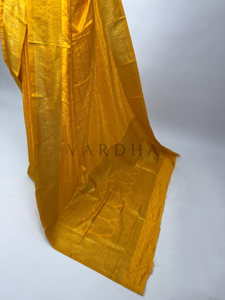 Mustard Yellow Banarasi Satin Silk Saree with Gold Zari