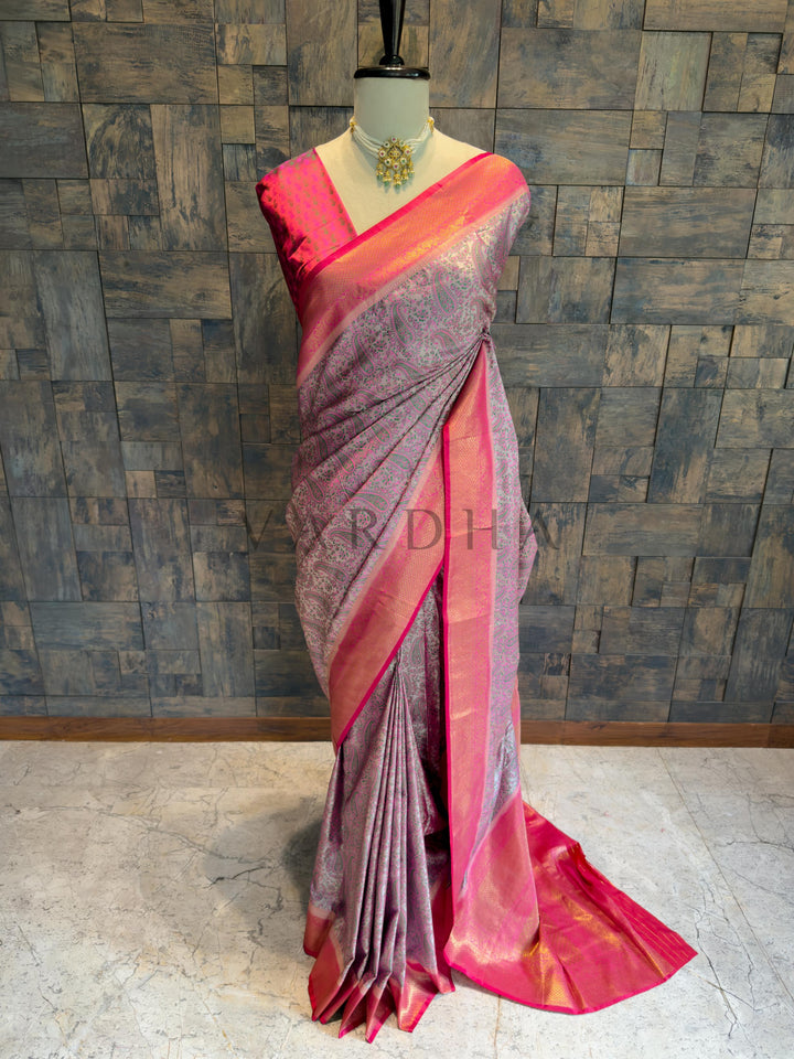 Grey Tanchoi Silk Saree with Multicolor Paisley Weave