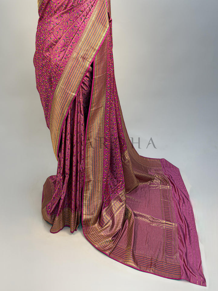 Pink Tanchoi Satin Silk Saree with Multicolor Parrot Motifs &amp; Golden Zari Striped Border