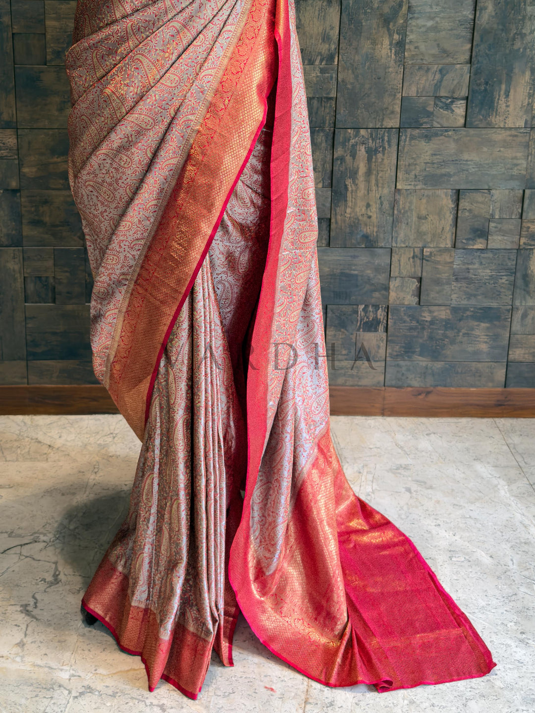 Grey-Red Tanchoi Satin Silk Saree with Zari Work