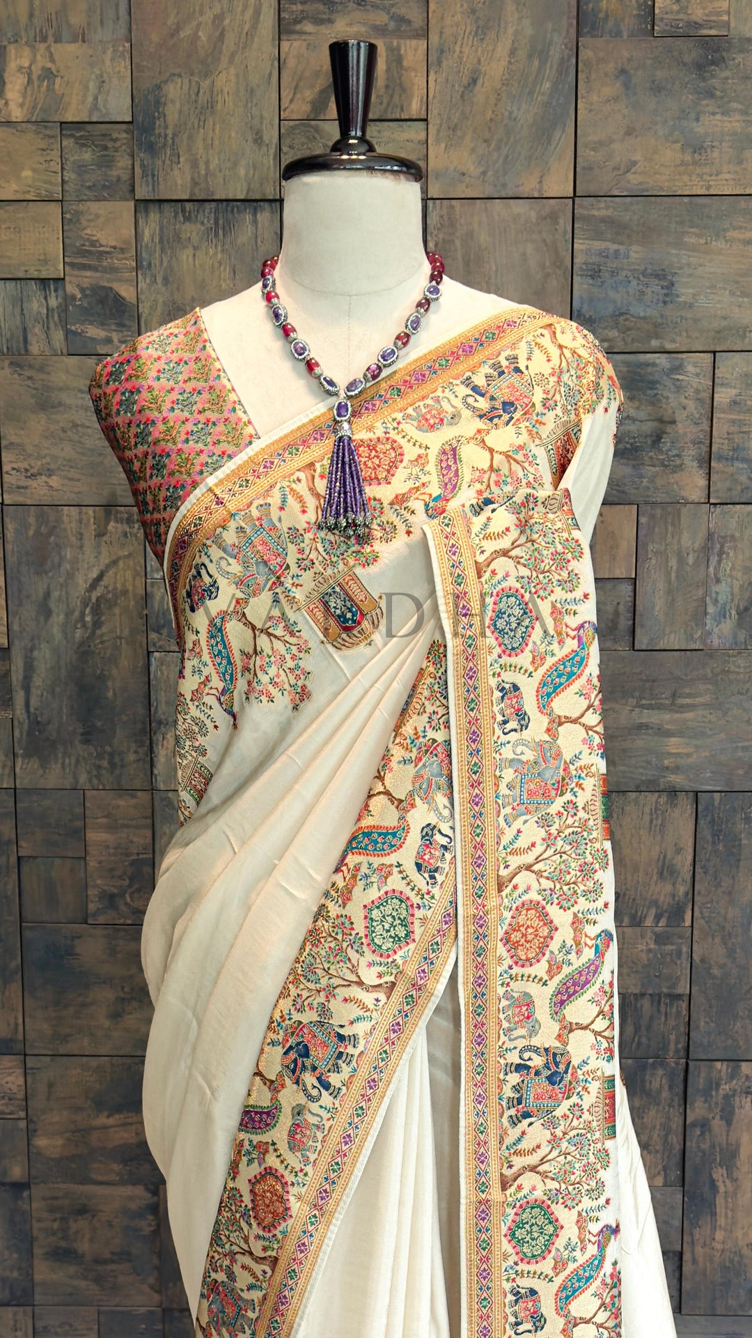 Off-White Viscose Katan Silk Saree with Zari Jungle Motifs