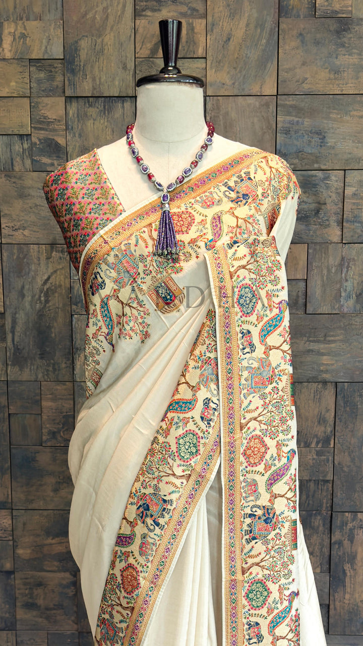 Off-White Viscose Katan Silk Saree with Zari Jungle Motifs