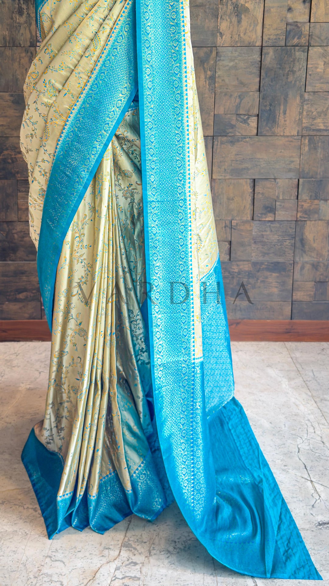 Rama Blue-Cream Woven Kalamkari Art Silk Saree with Zari Work