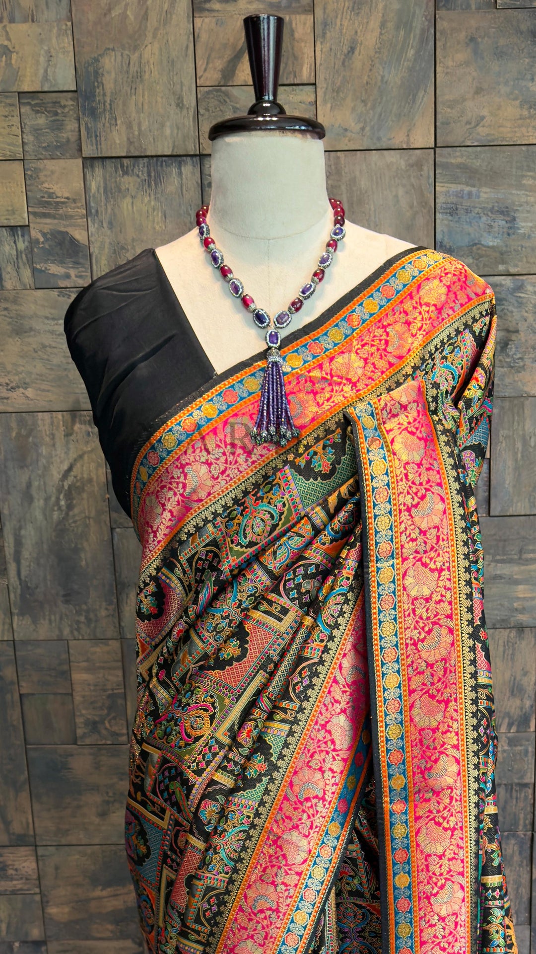 Black &amp; Pink Katan Art Silk Saree with Box Pattern Motifs