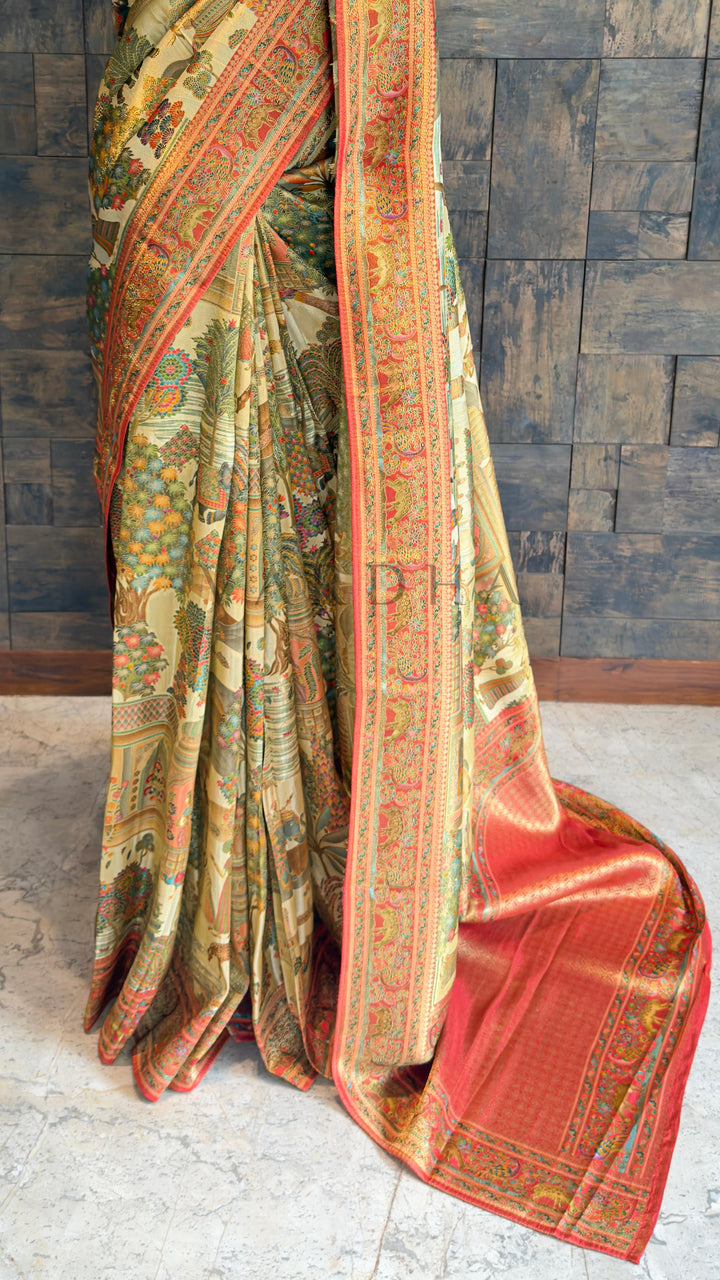 Off-White Mughal Motif Banarasi Katan Silk Saree with Red Tissue Blouse