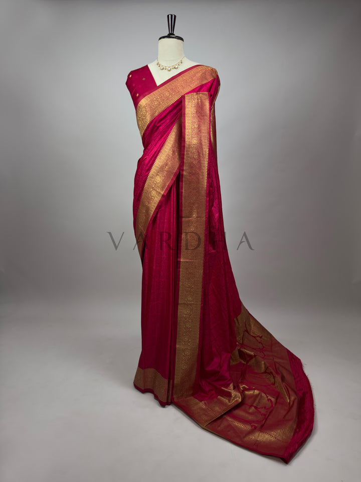 Rani Pink Banarasi Satin Silk Saree with Gold Zari