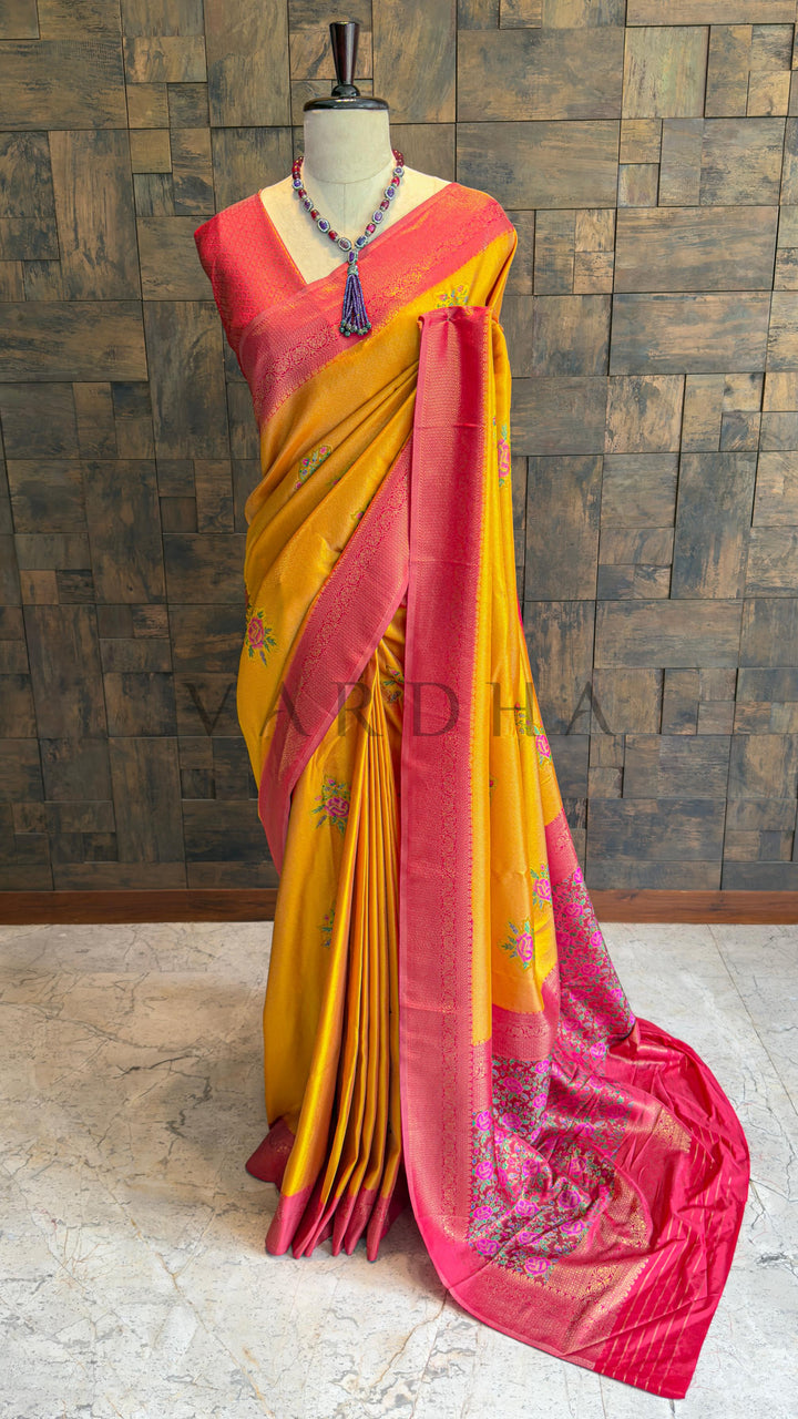 Mustard Yellow Kalamkari Art Silk Saree with Woven Zari