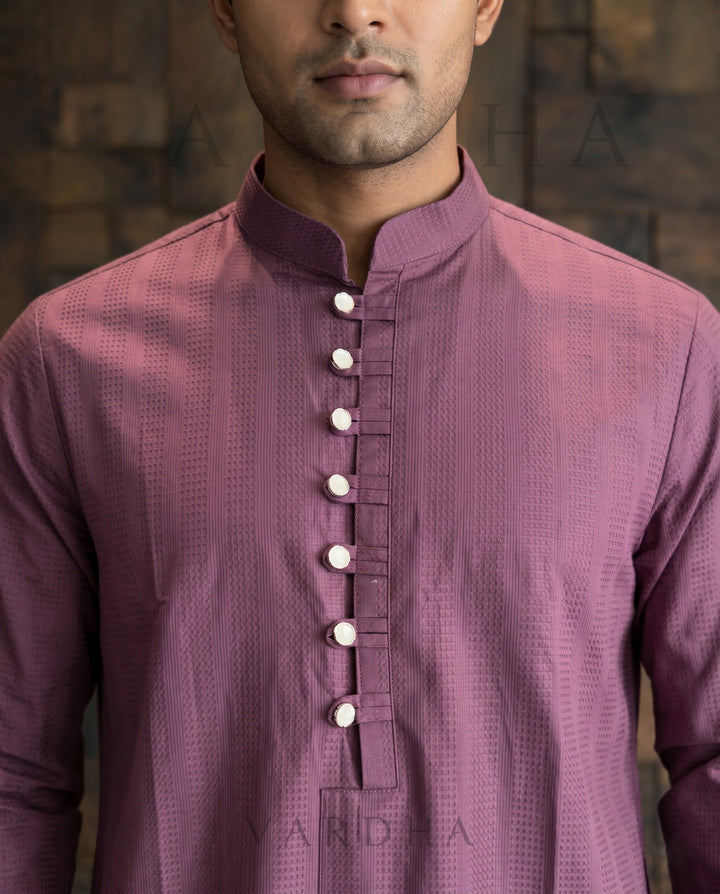 Dusty Mauve Pink Textured Cotton Kurta with Metallic Loop Placket