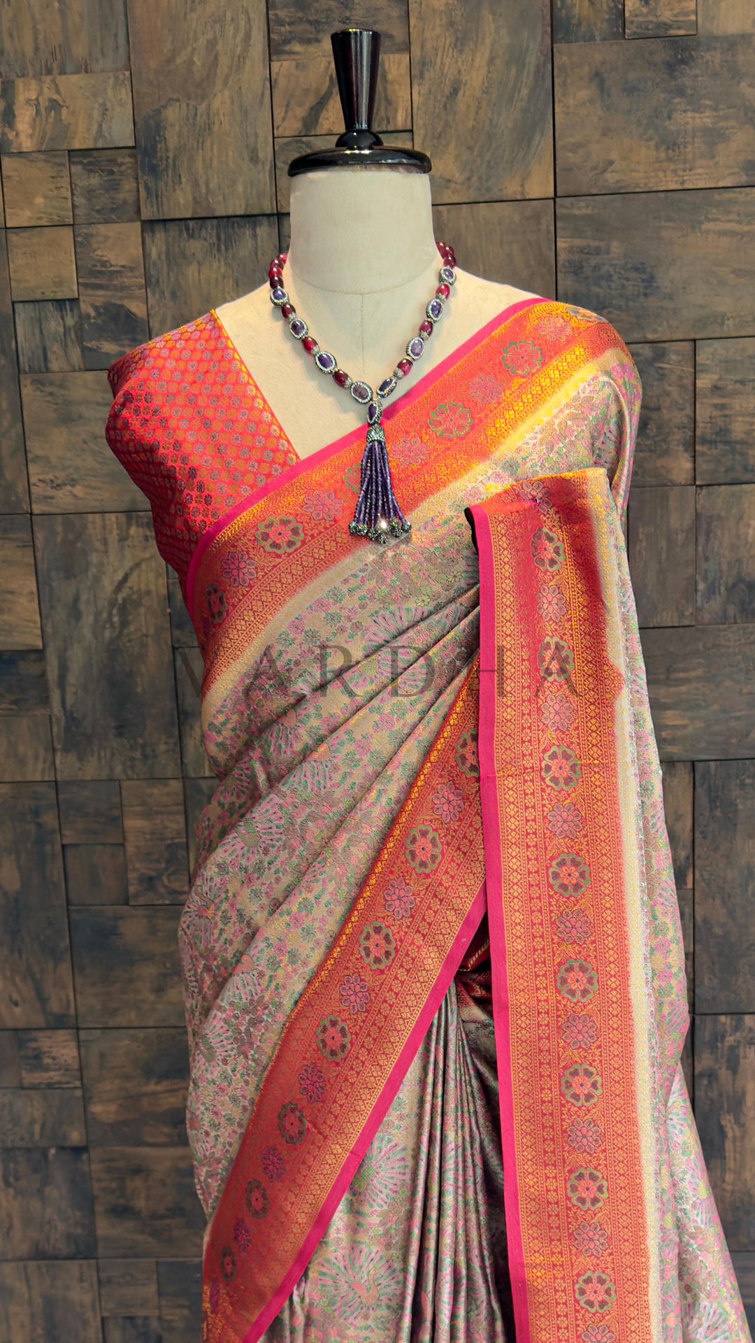 Cream–Pink Kalamkari Art Silk Saree with Gold Zari