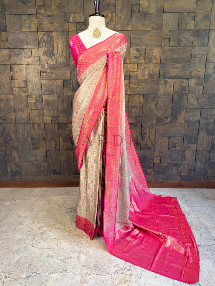 Cream Pink Woven Kalamkari Art Silk Saree with Zari Work