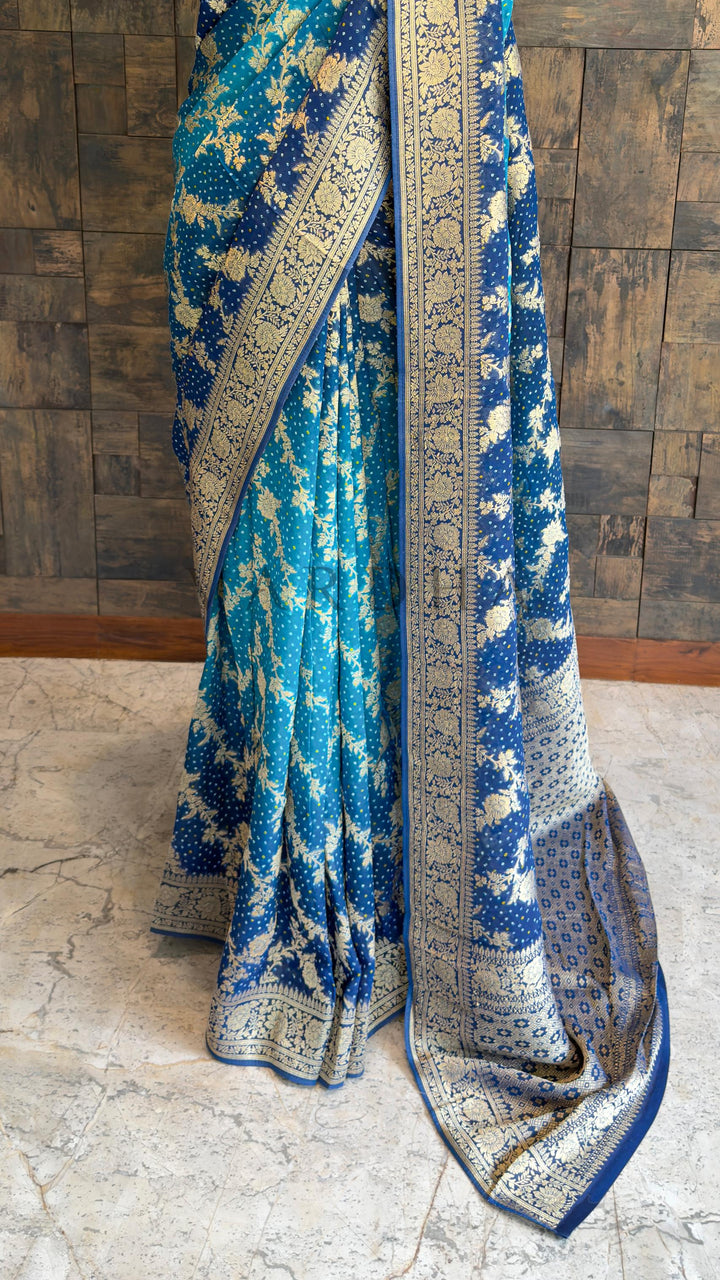 Blue Bandhani Feathersoft Georgette Saree with Gold Zari Weaving