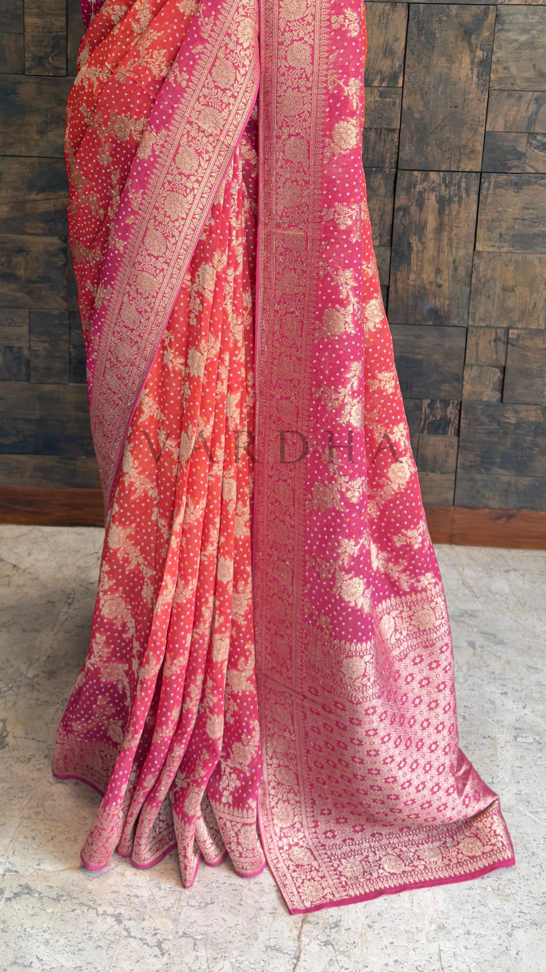Red Bandhani Feathersoft Georgette Saree with Gold Zari Weaving
