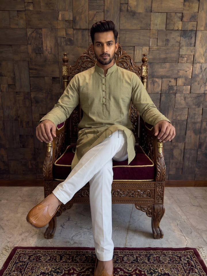 Olive Green Textured Cotton Kurta with Rustic Loop Placket