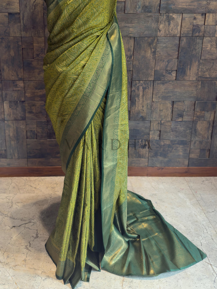 Lime Green Tanchoi Satin Silk Saree with Zari Work