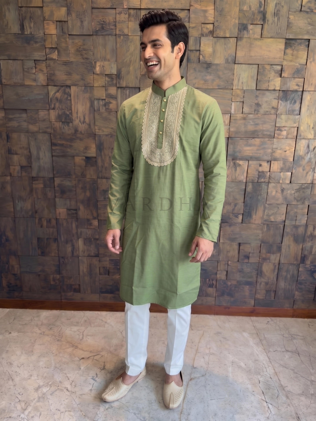 Olive Green Cotton Kurta with Intricate Zari &amp; Sequin Yoke Embroidery