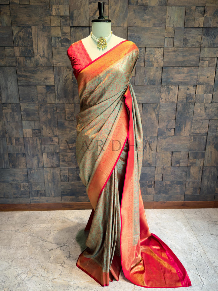 Olive Grey-Red Tanchoi Satin Silk Saree with Zari Work