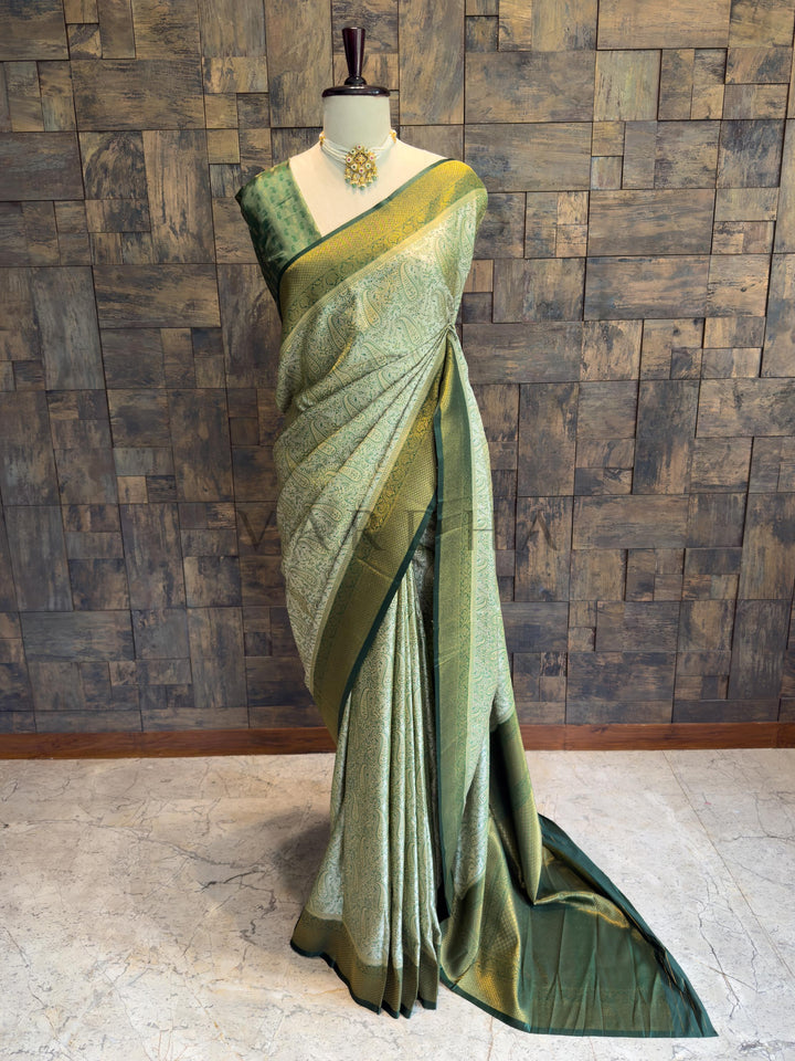 Sage Green Tanchoi Satin Silk Saree with Zari Work