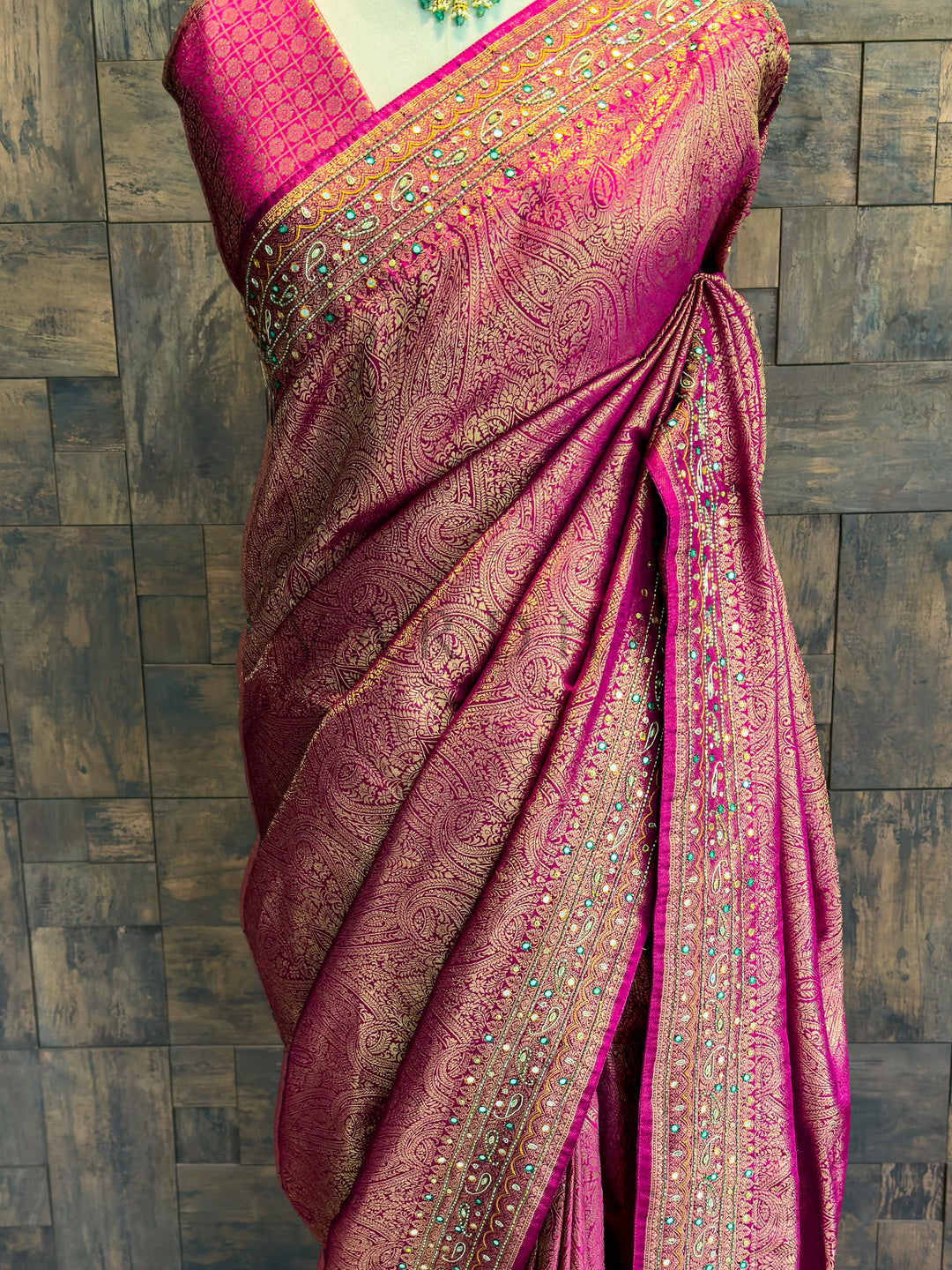 Designer Pink-Golden Kanjivaram Silk Saree with Zari Weaving &amp; Handwork