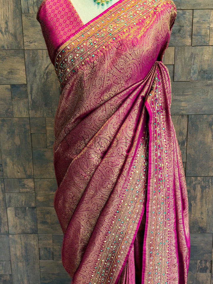 Designer Pink-Golden Kanjivaram Silk Saree with Zari Weaving &amp; Handwork