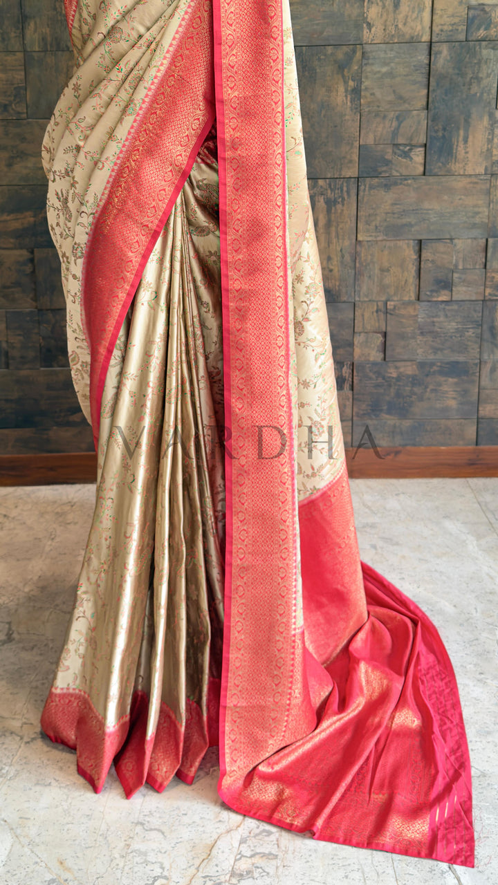 Cream Red Woven Kalamkari Art Silk Saree with Zari Work