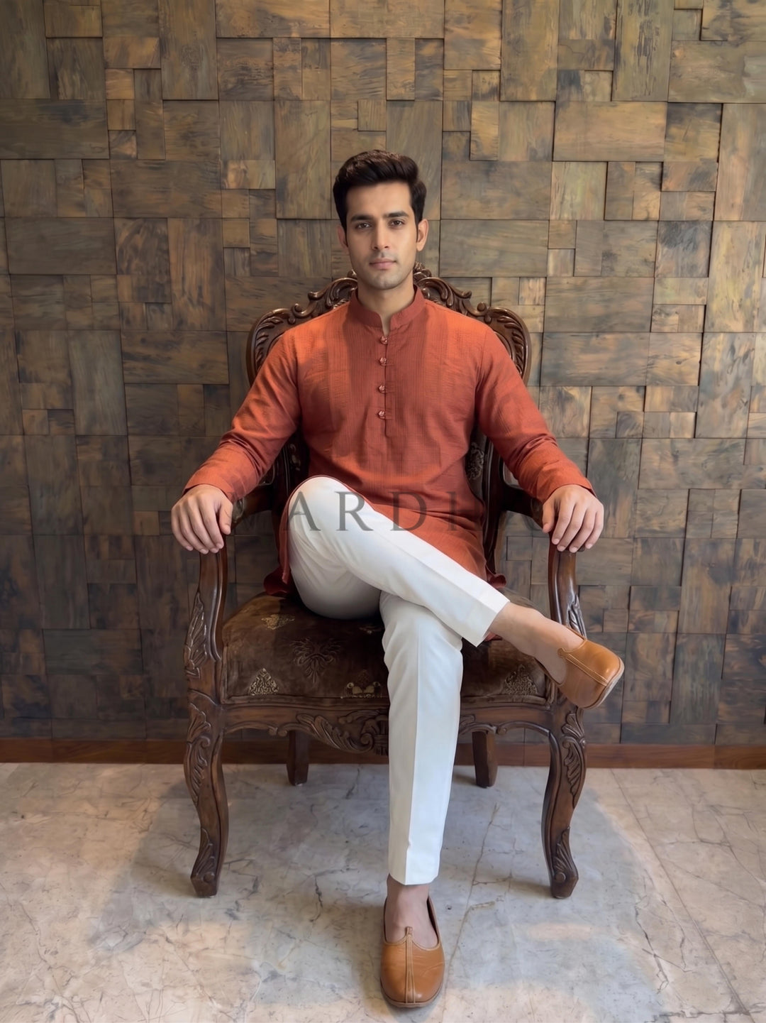 Terracotta Orange Textured Cotton Kurta with Rustic Loop Placket