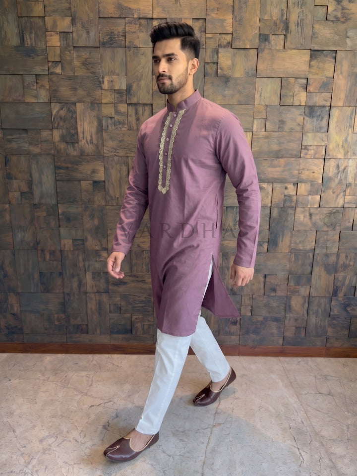Dusty Wine Cotton Kurta with Scalloped Gold Zari Placket