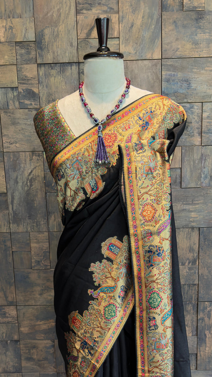 Black Viscose Katan Silk Saree with Zari Jungle Motifs