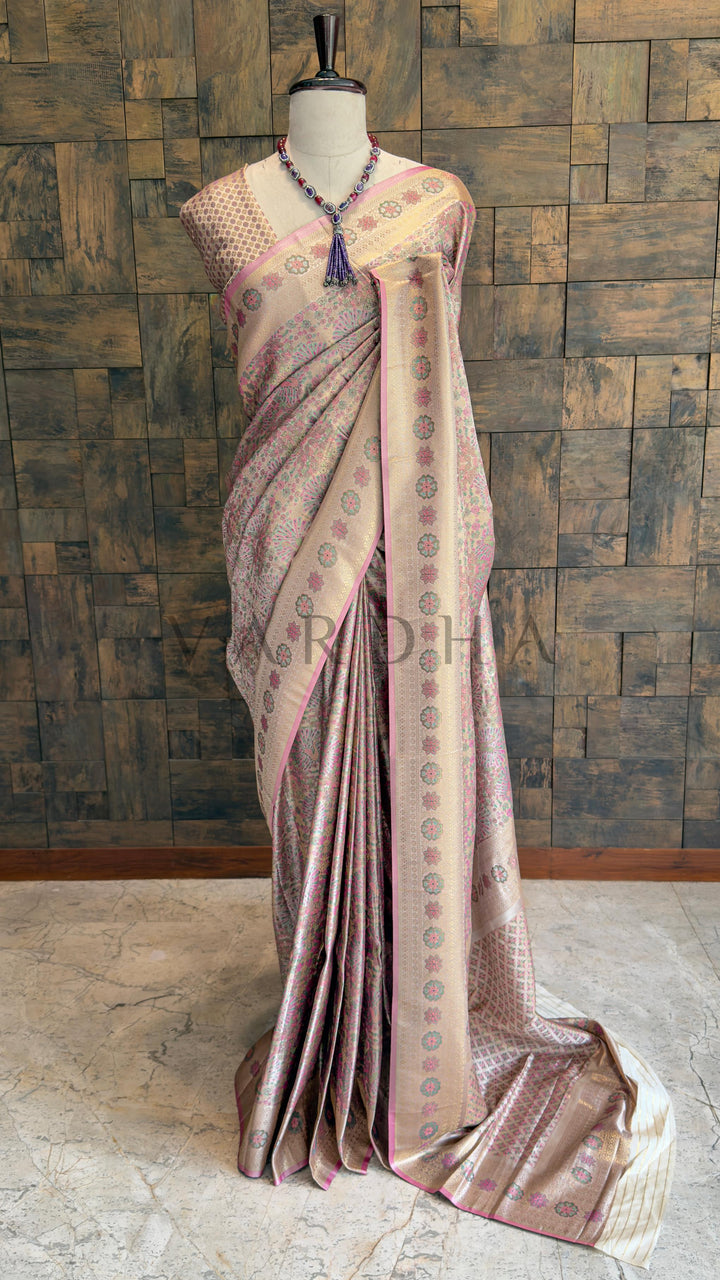 Off-White Kalamkari Art Silk Saree with Gold Zari