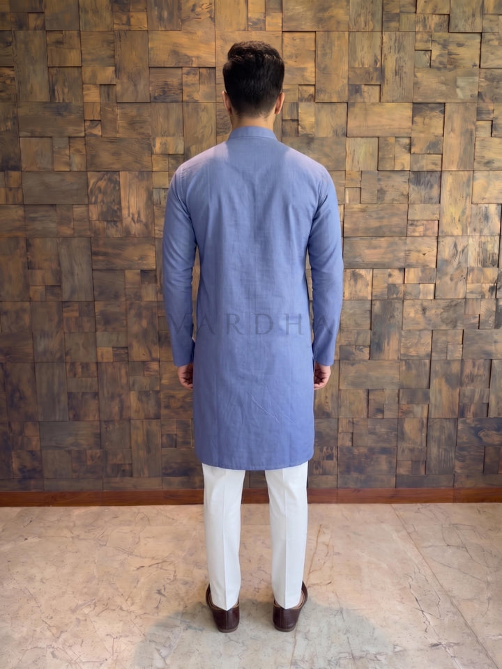 French Blue Cotton Kurta with Concealed Pintuck Placket