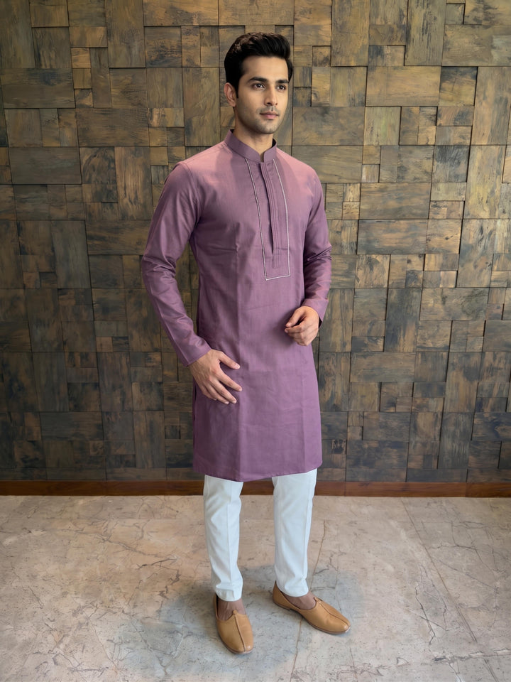 Wine Cotton Kurta with Concealed Pintuck Placket