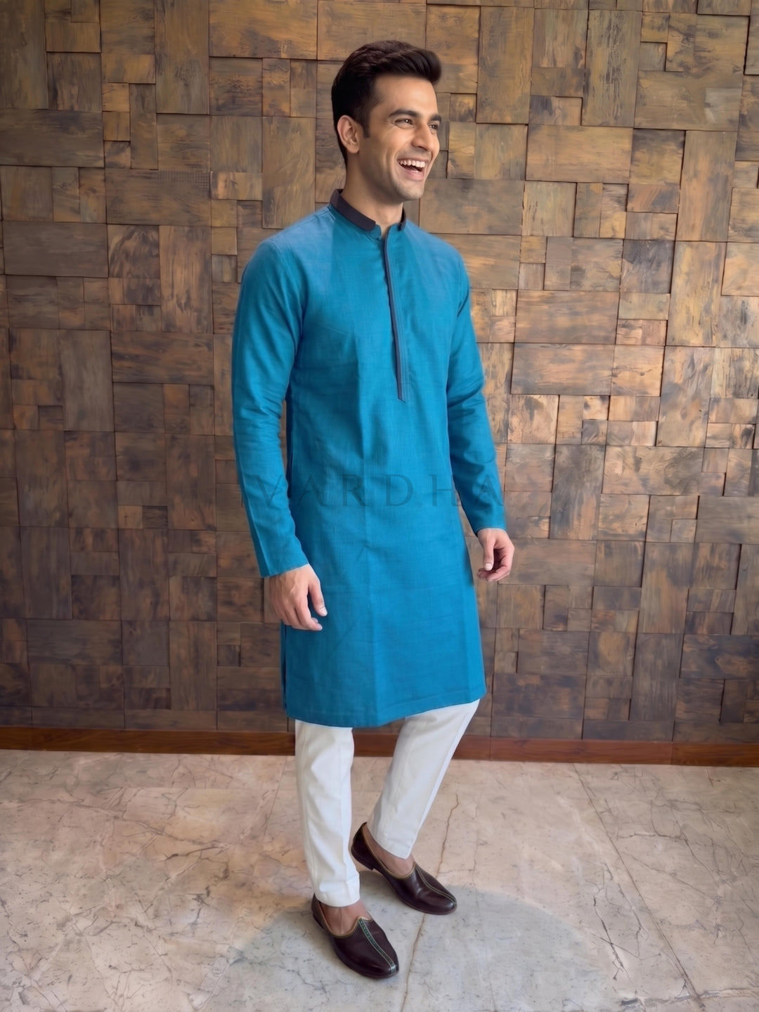 Teal Blue Cotton Kurta with Contrast Collar &amp; Concealed Placket