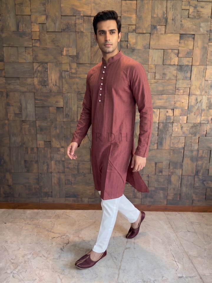 Maroon Textured Cotton Kurta with Metallic Loop Placket