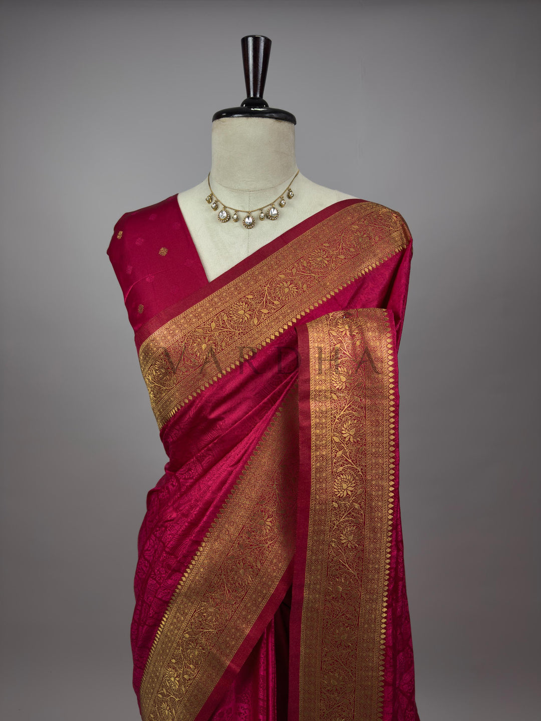 Wine Banarasi Satin Silk Saree with Gold Zari