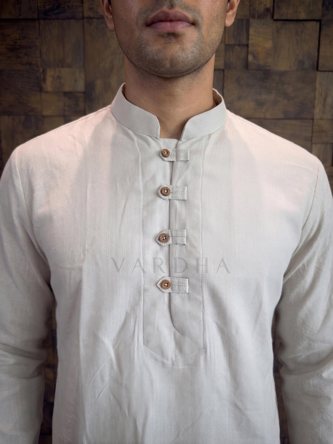 Light Grey Textured Cotton Kurta with Rustic Loop Placket