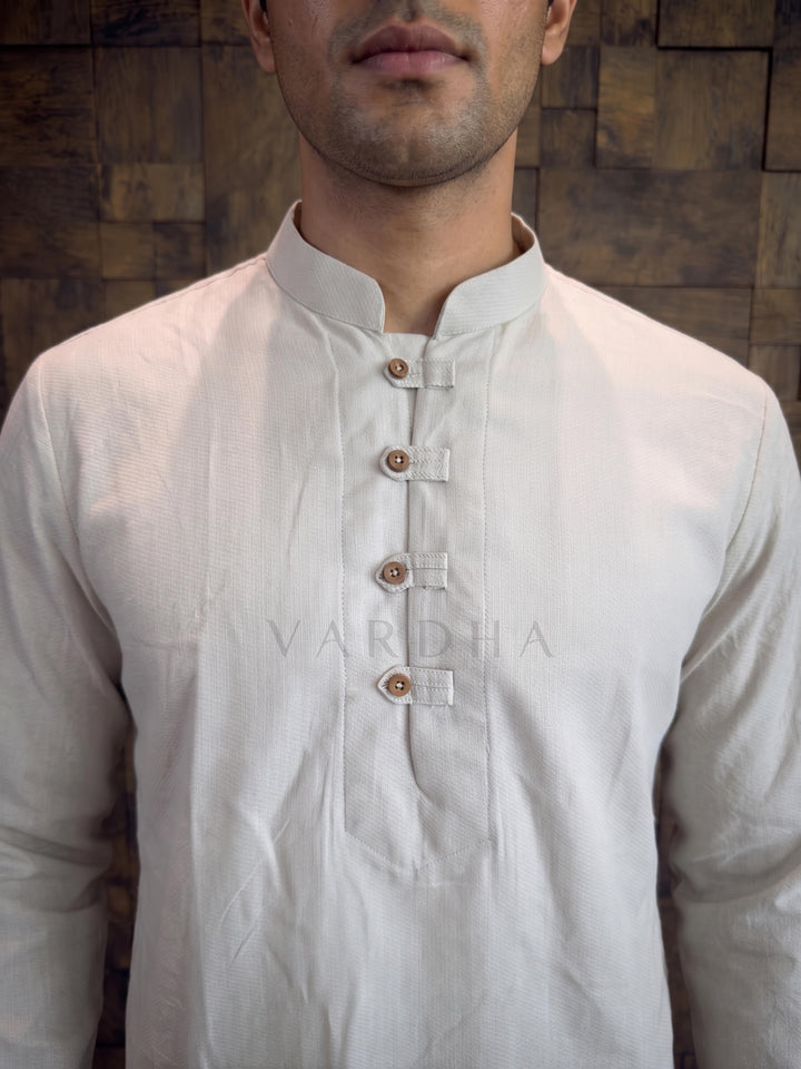 Light Grey Textured Cotton Kurta with Rustic Loop Placket