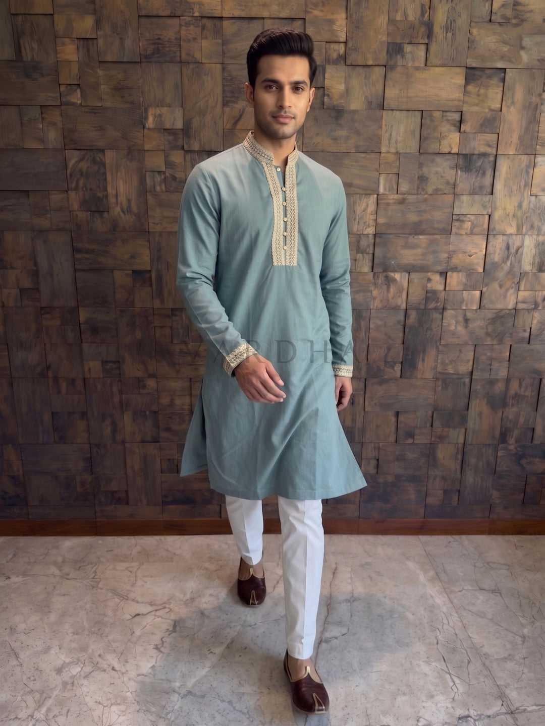 Teal Blue Cotton Kurta with Gold Embroidered V-Neck Placket