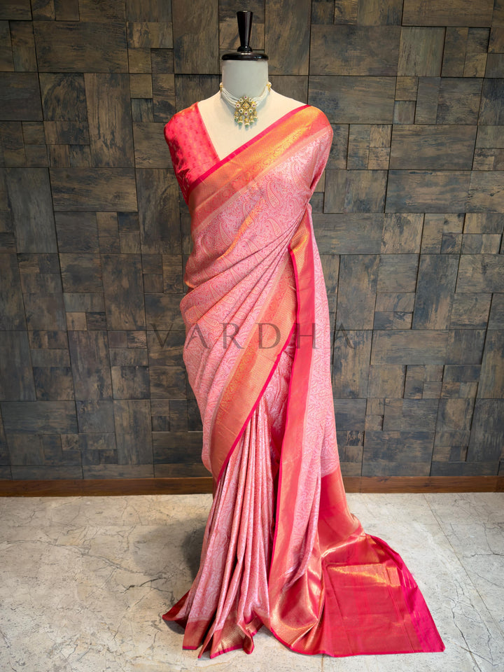 Peach-Pink Tanchoi Satin Silk Saree with Zari Work