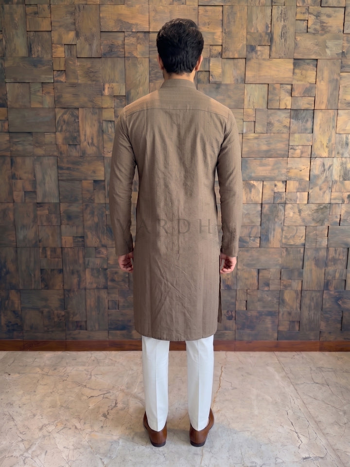 Mocha Brown Textured Cotton Kurta with Metallic Loop Placket