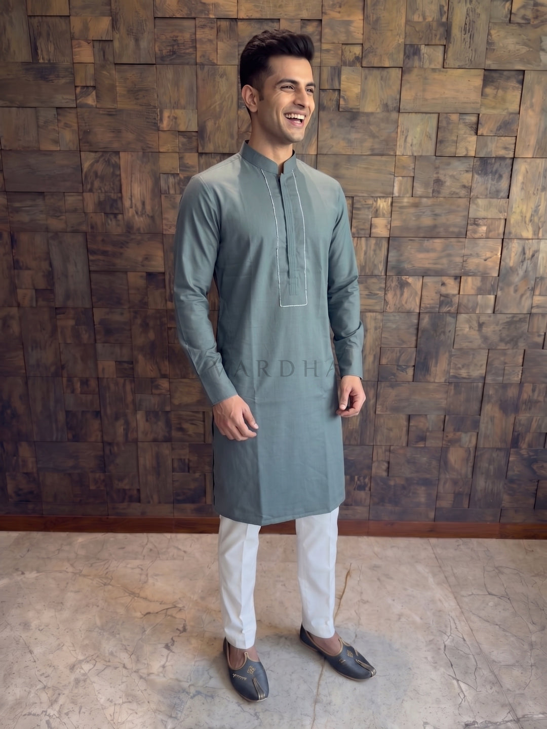 Slate Green Cotton Kurta with Concealed Pintuck Placket
