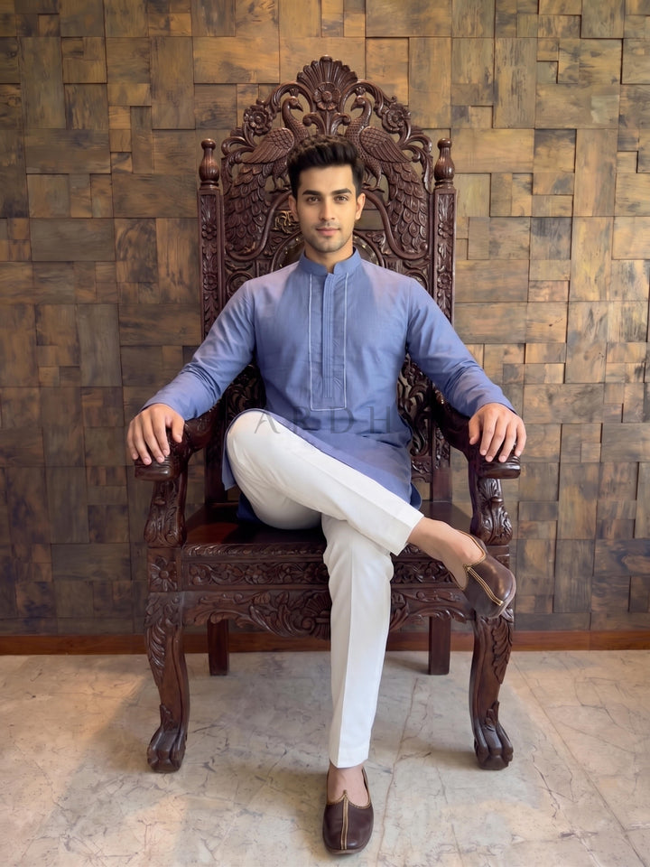 French Blue Cotton Kurta with Concealed Pintuck Placket