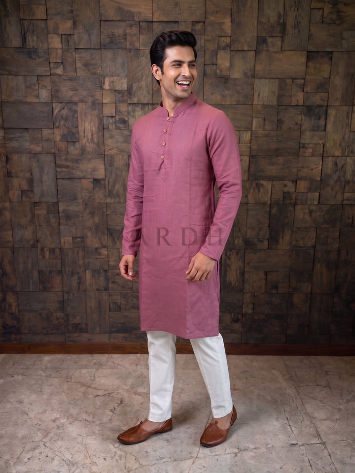 Mauve Pink Textured Cotton Kurta with Rustic Loop Placket