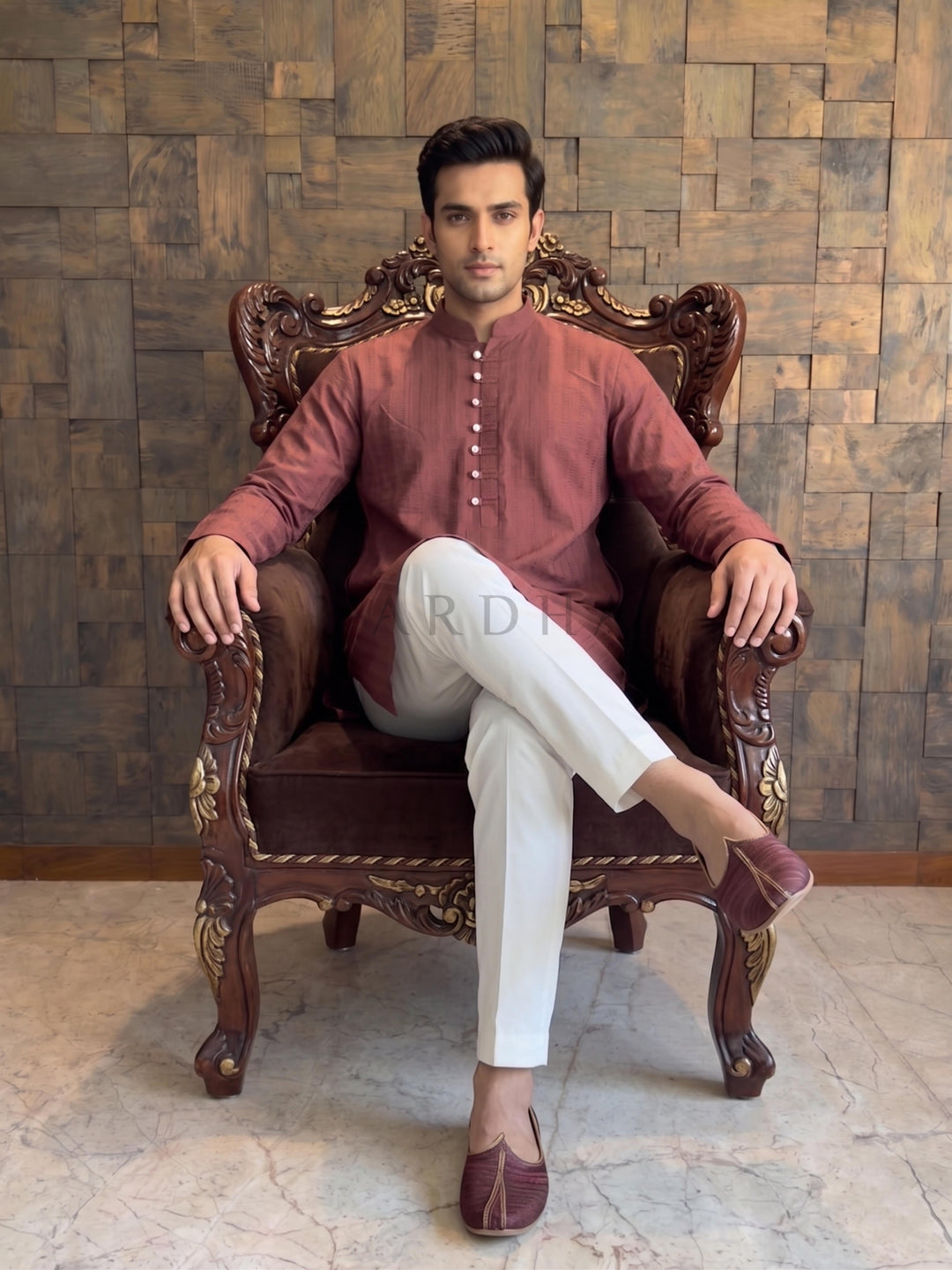 Maroon Textured Cotton Kurta with Metallic Loop Placket