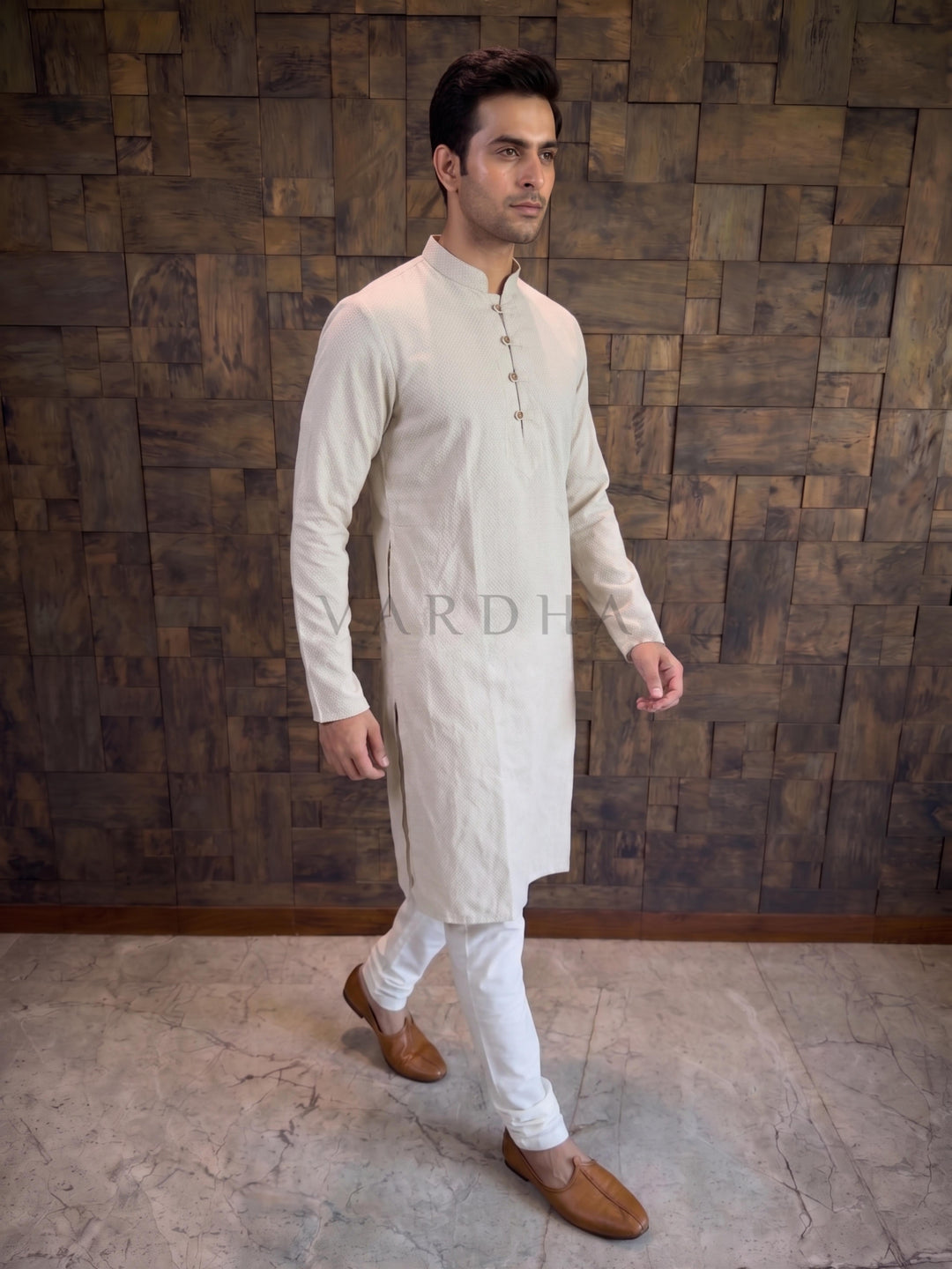Light Grey Textured Cotton Kurta with Rustic Loop Placket