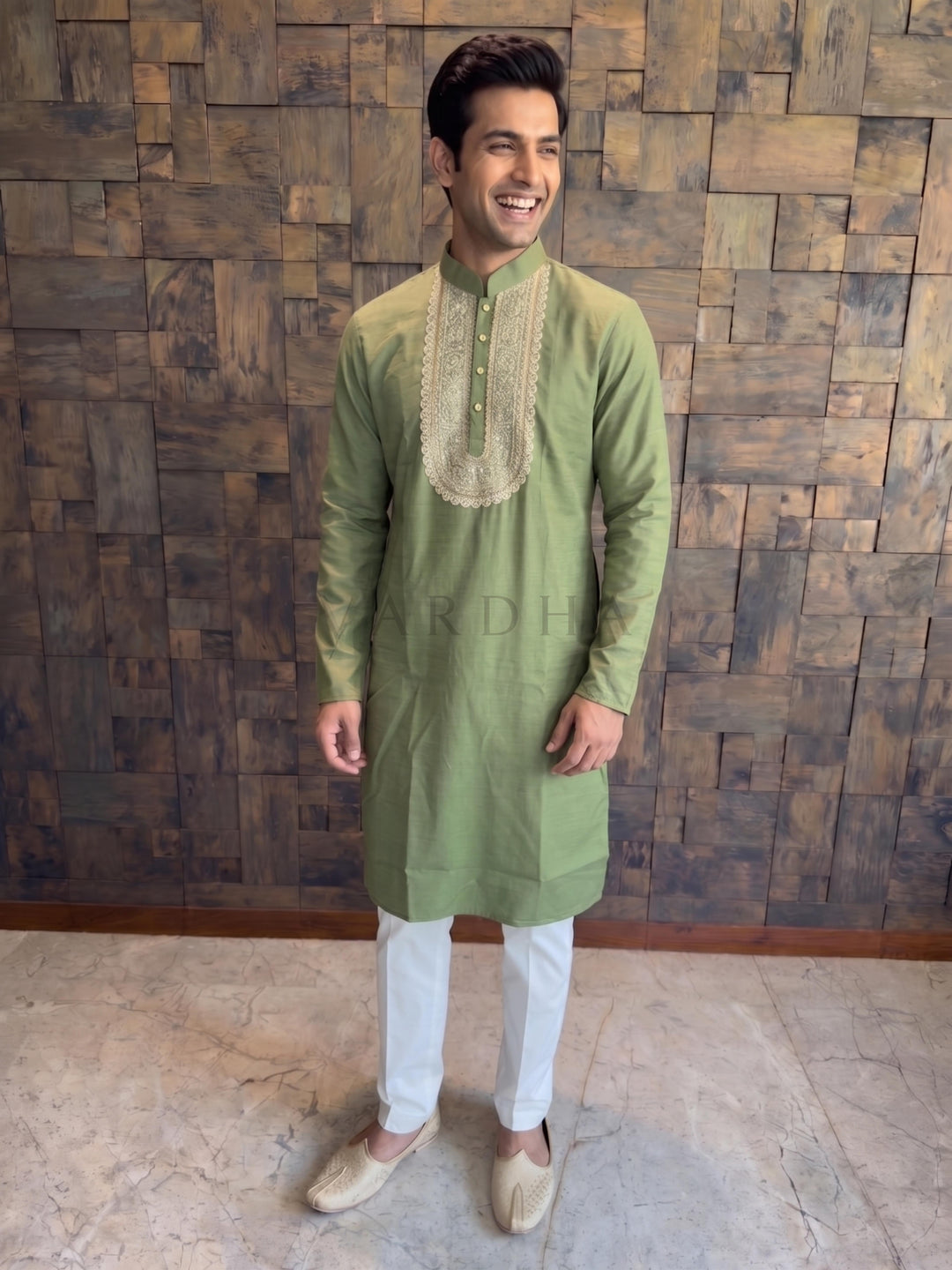 Olive Green Cotton Kurta with Intricate Zari &amp; Sequin Yoke Embroidery
