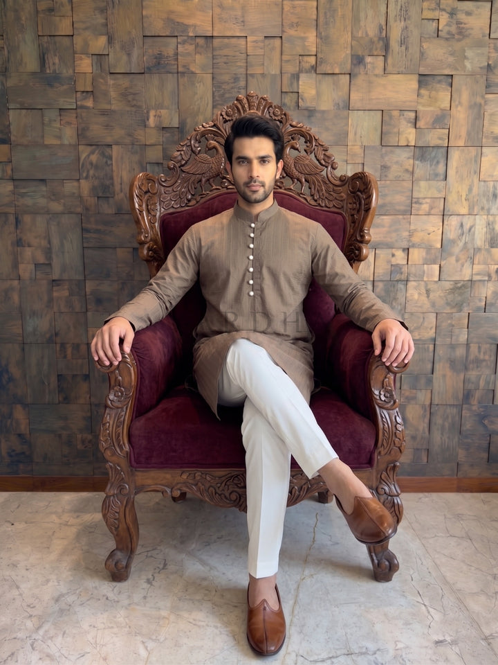 Mocha Brown Textured Cotton Kurta with Metallic Loop Placket