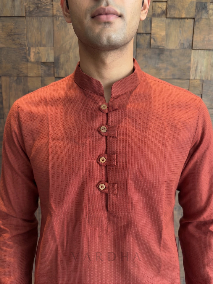Terracotta Orange Textured Cotton Kurta with Rustic Loop Placket